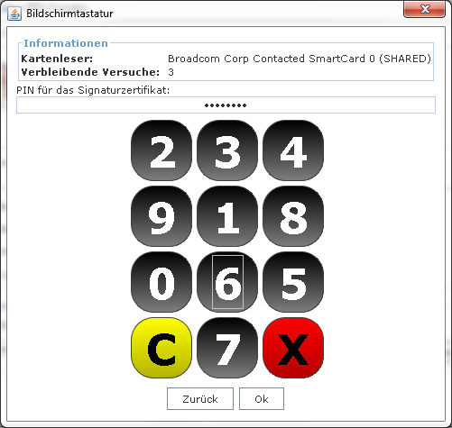 Dialog „Bildschirmtastatur" zur Eingabe des PINs für das Signaturzertifikat.